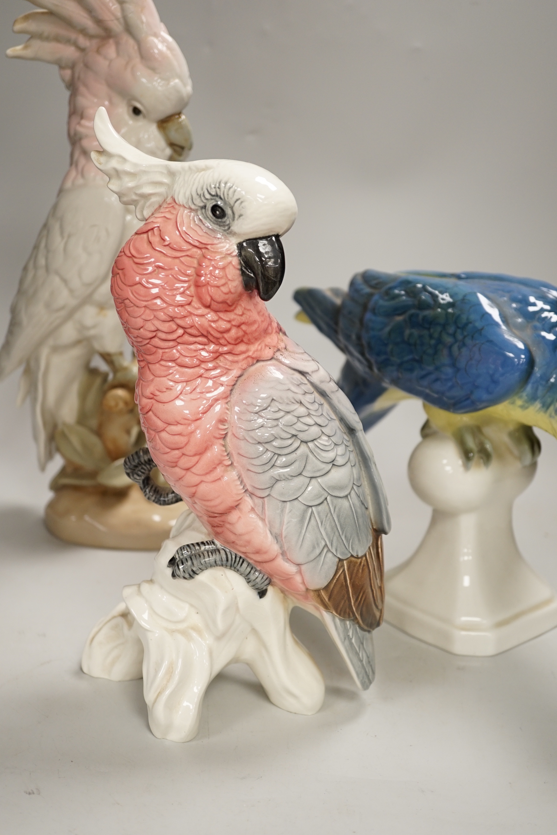 Two Royal Dux parrots and a Beswick parrot, the largest 40cm high